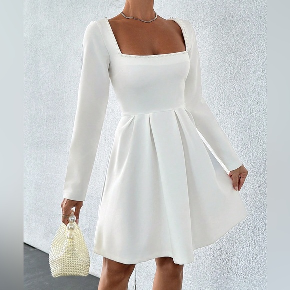Dresses & Skirts - NWOT White Pearl Detailed Long Sleeve Fit and Flare Mini Dress Size L